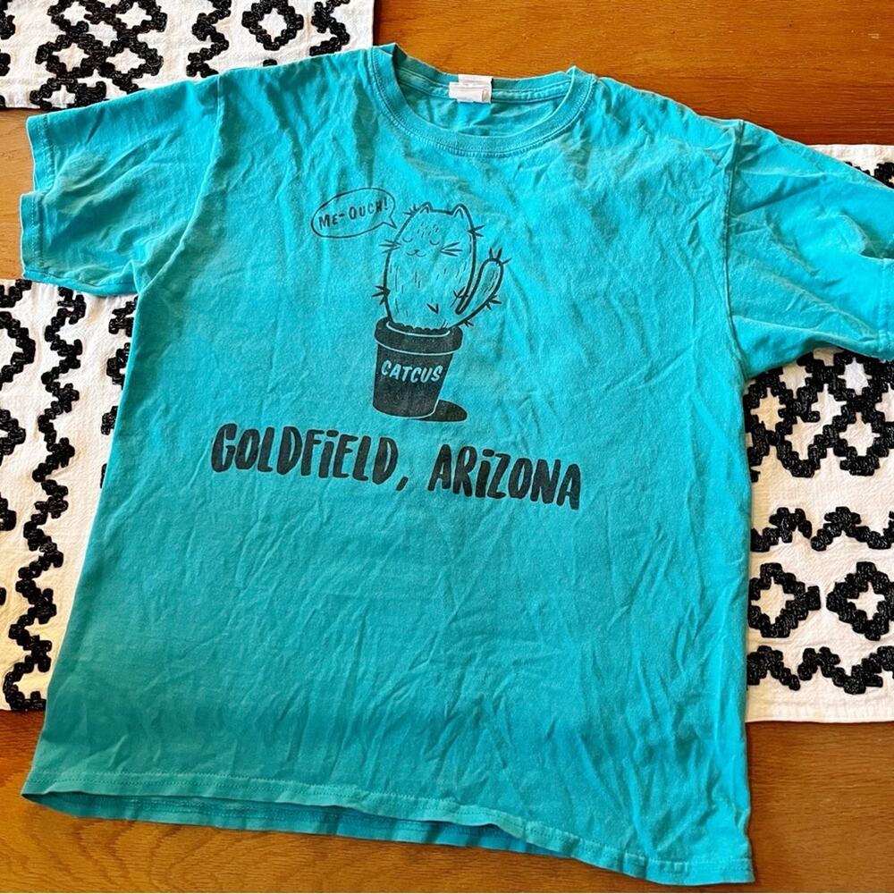 Distressed Gildan Cat Cactus Goldfield Arizona Tee Shirt teal kids youth large L